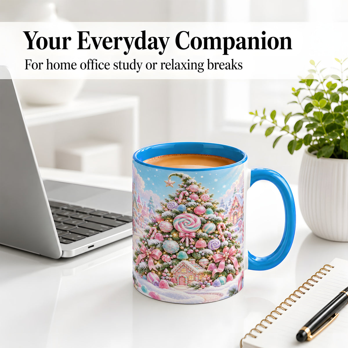 #pl[11oz|Blue] Pastel Candy Christmas Tree Accent Mug, Ceramic Coffee Cup