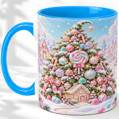 #pl[11oz|Blue] Pastel Candy Christmas Tree Accent Mug, Ceramic Coffee Cup