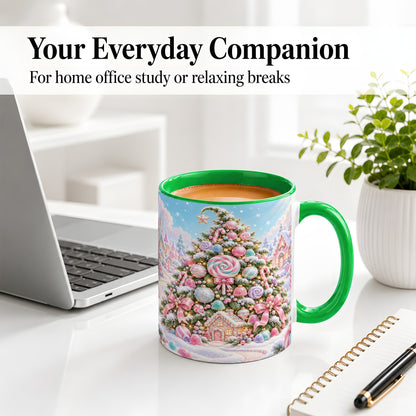 #pl[11oz|Green] Pastel Candy Christmas Tree Accent Mug, Ceramic Coffee Cup
