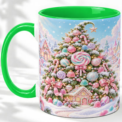 #pl[11oz|Green] Pastel Candy Christmas Tree Accent Mug, Ceramic Coffee Cup