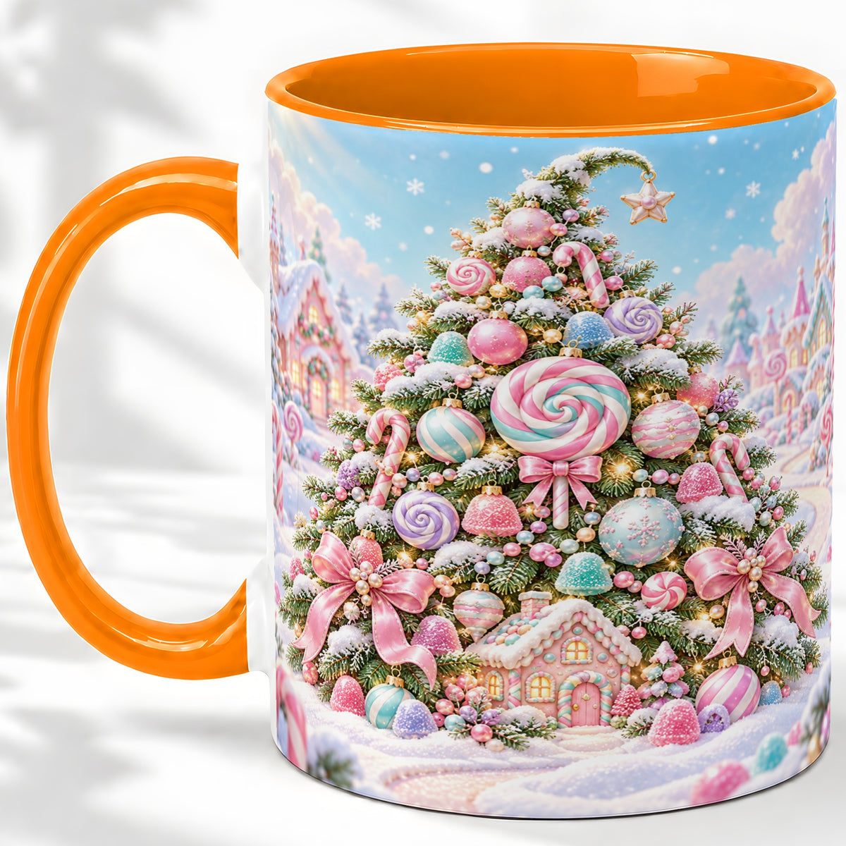#pl[11oz|Orange] Pastel Candy Christmas Tree Accent Mug, Ceramic Coffee Cup