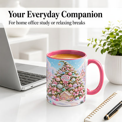 #pl[11oz|Pink] Pastel Candy Christmas Tree Accent Mug, Ceramic Coffee Cup