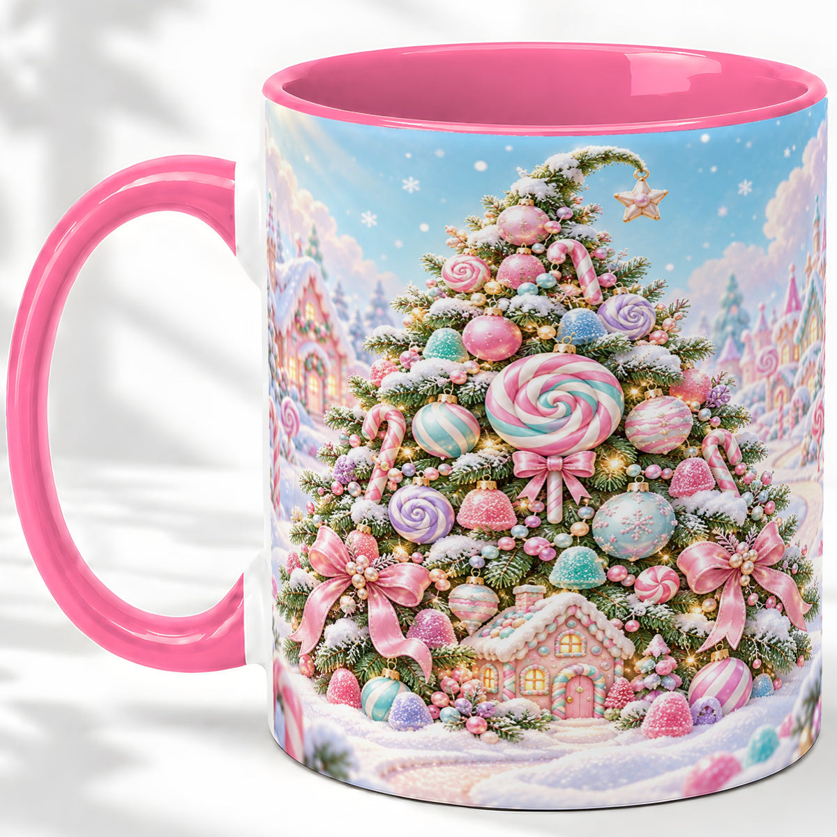 #pl[11oz|Pink] Pastel Candy Christmas Tree Accent Mug, Ceramic Coffee Cup
