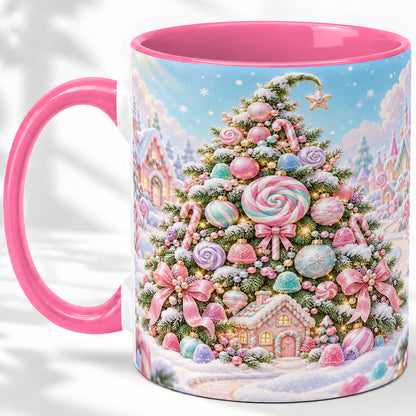 #pl[11oz|Pink] Pastel Candy Christmas Tree Accent Mug, Ceramic Coffee Cup
