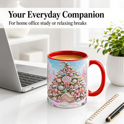 #pl[11oz|Red] Pastel Candy Christmas Tree Accent Mug, Ceramic Coffee Cup