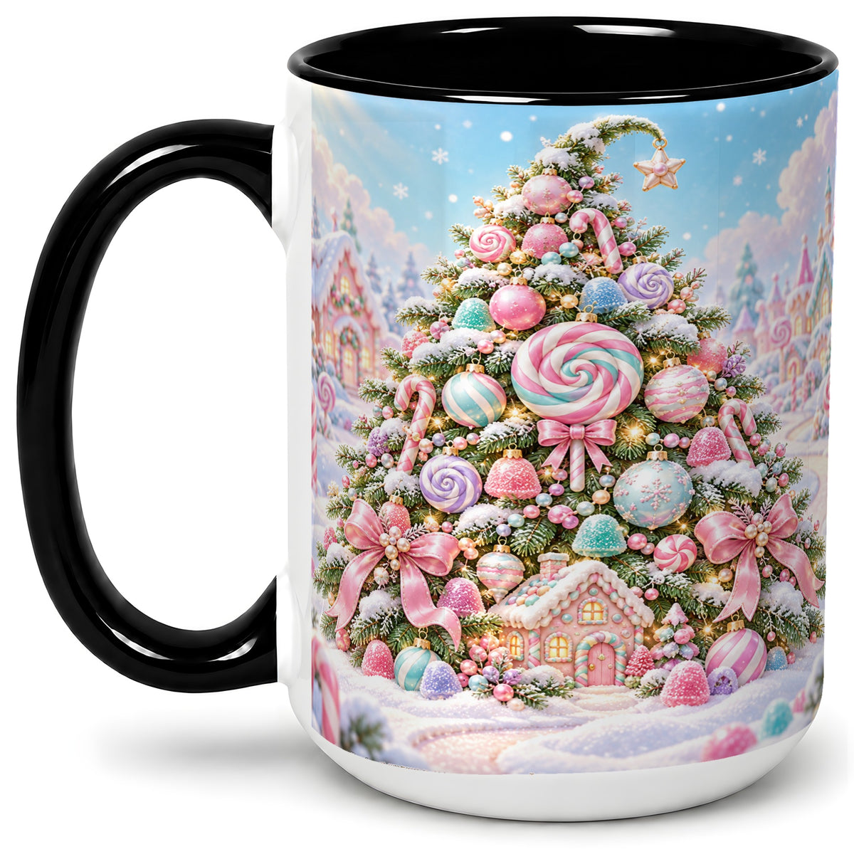 #pl[15oz|Black] Pastel Candy Christmas Tree Accent Mug, Ceramic Coffee Cup