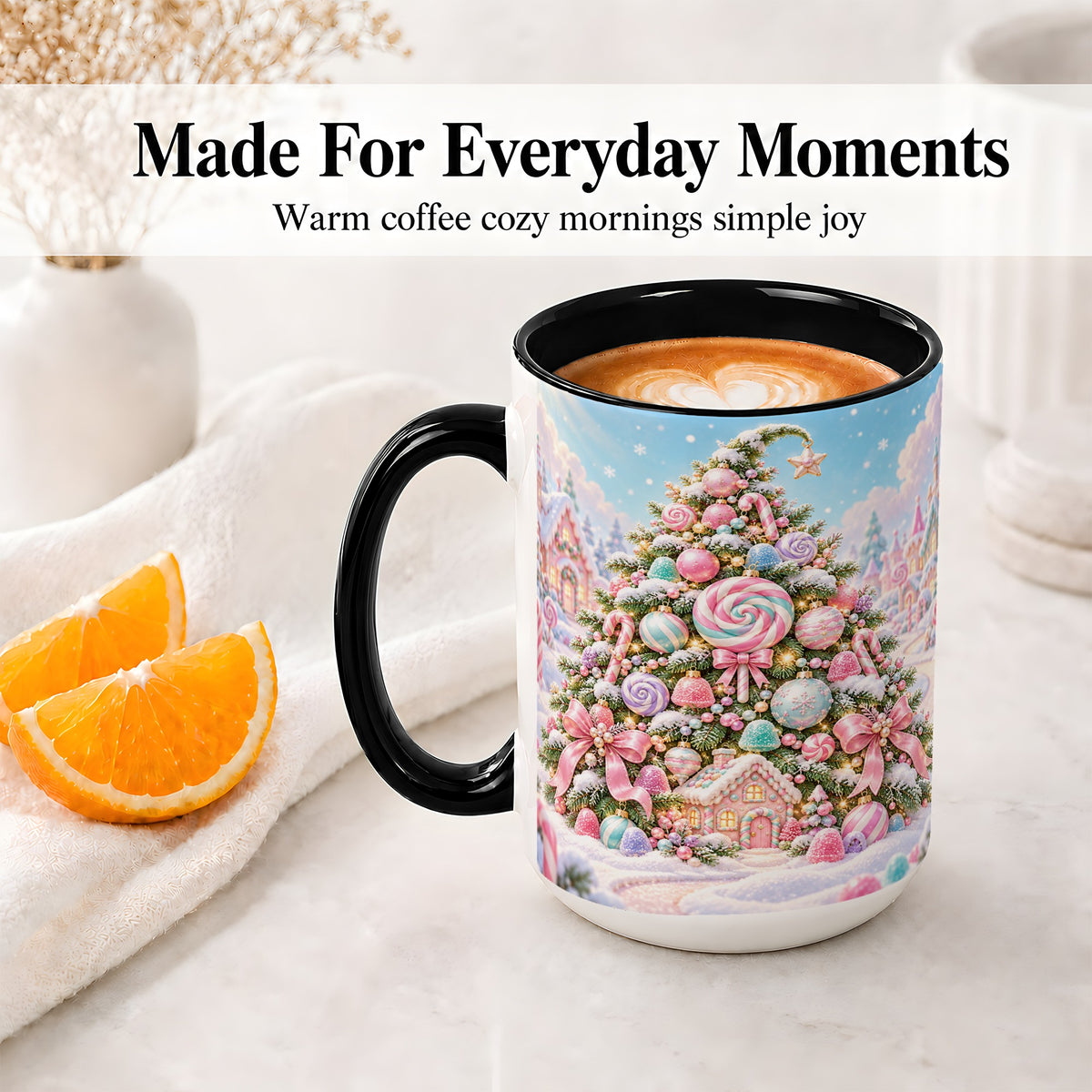 #pl[15oz|Black] Pastel Candy Christmas Tree Accent Mug, Ceramic Coffee Cup