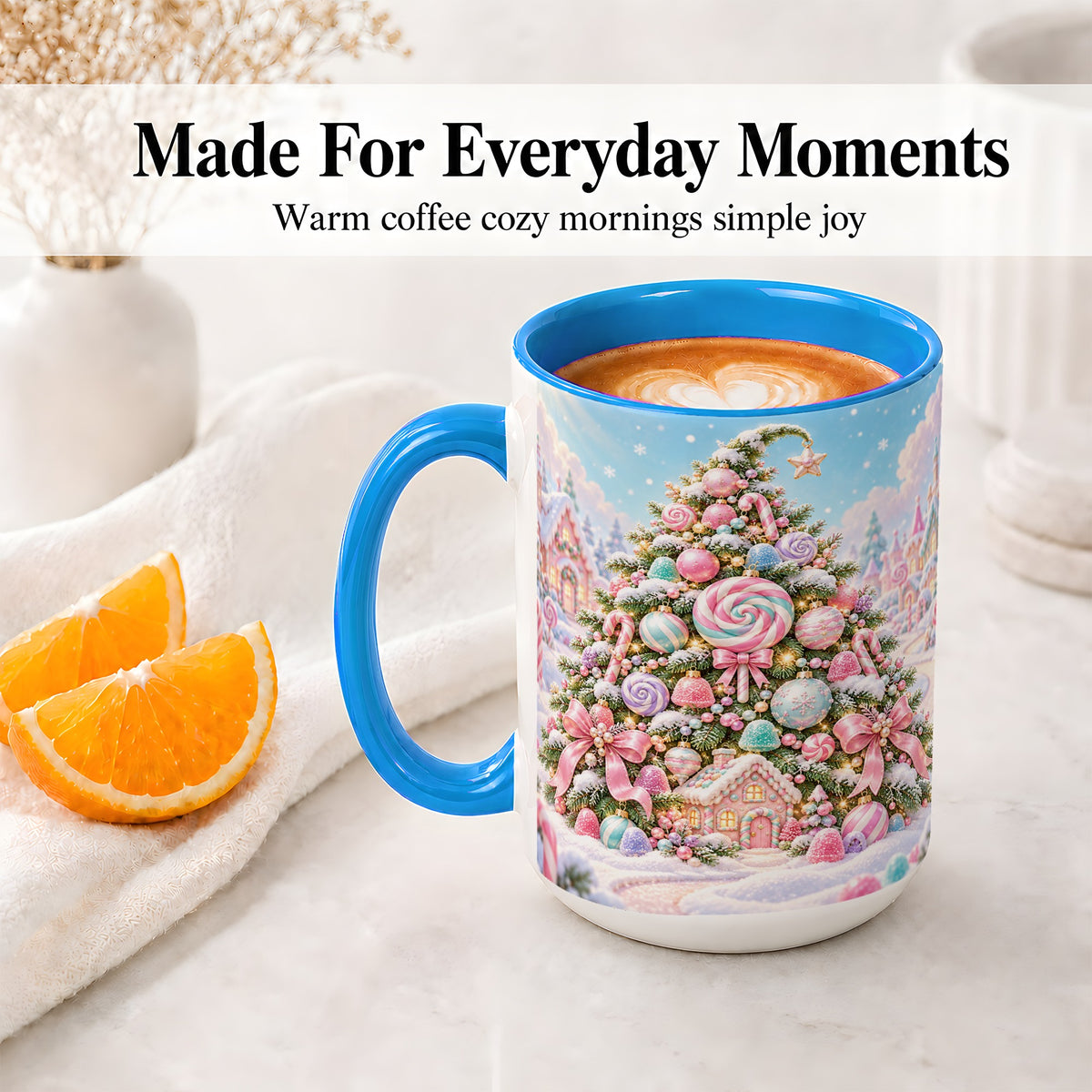 #pl[15oz|Blue] Pastel Candy Christmas Tree Accent Mug, Ceramic Coffee Cup