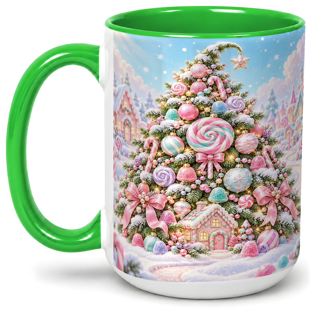 #pl[15oz|Green] Pastel Candy Christmas Tree Accent Mug, Ceramic Coffee Cup