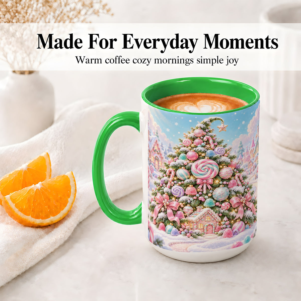 #pl[15oz|Green] Pastel Candy Christmas Tree Accent Mug, Ceramic Coffee Cup