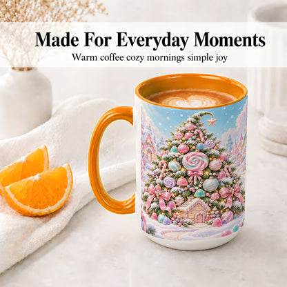 #pl[15oz|Orange] Pastel Candy Christmas Tree Accent Mug, Ceramic Coffee Cup