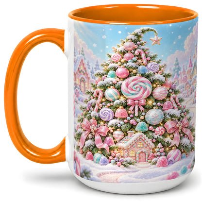 #pl[15oz|Orange] Pastel Candy Christmas Tree Accent Mug, Ceramic Coffee Cup