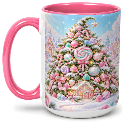 #pl[15oz|Pink] Pastel Candy Christmas Tree Accent Mug, Ceramic Coffee Cup