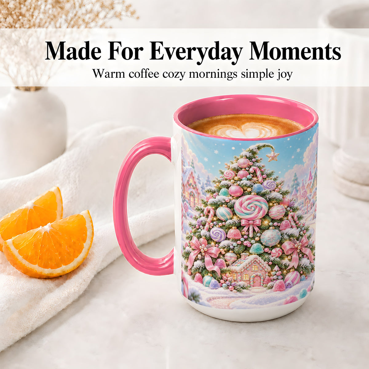 #pl[15oz|Pink] Pastel Candy Christmas Tree Accent Mug, Ceramic Coffee Cup