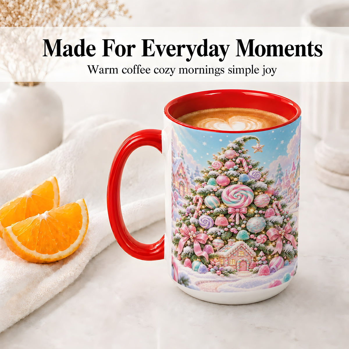 #pl[15oz|Red] Pastel Candy Christmas Tree Accent Mug, Ceramic Coffee Cup