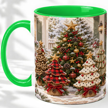 #pl[11oz|Green] Leopard Print Christmas Trees Accent Mug, Ceramic Coffee Cup