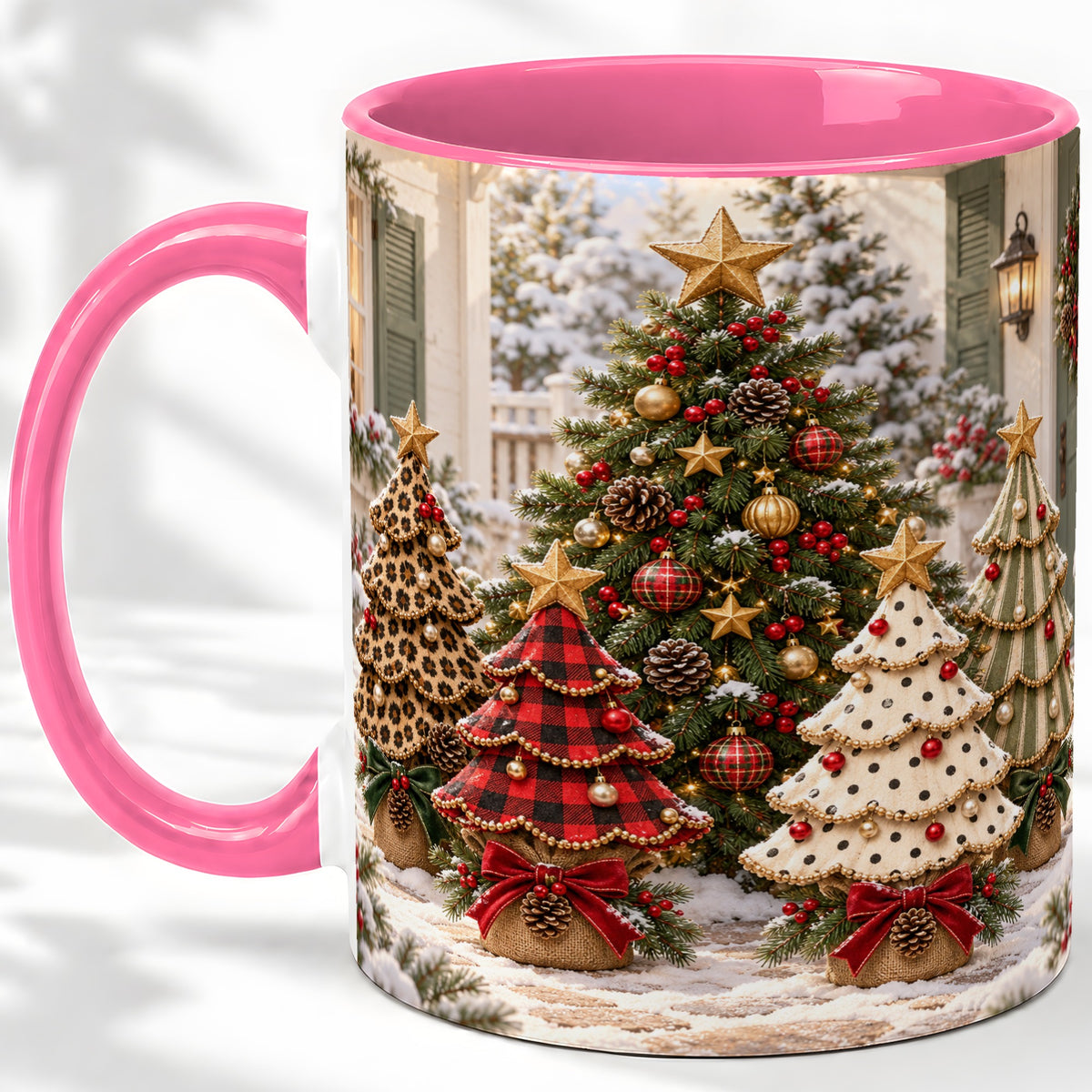 #pl[11oz|Pink] Leopard Print Christmas Trees Accent Mug, Ceramic Coffee Cup