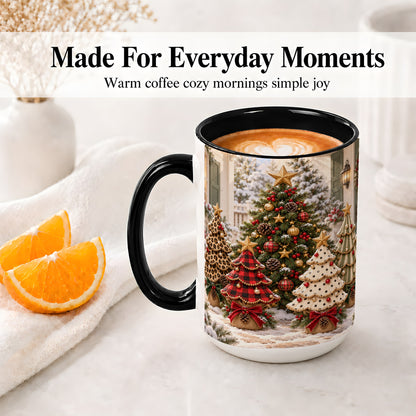 #pl[15oz|Black] Leopard Print Christmas Trees Accent Mug, Ceramic Coffee Cup