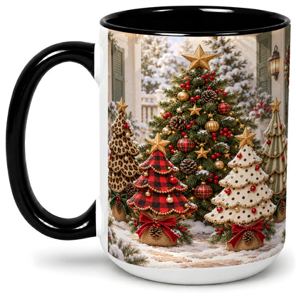 #pl[15oz|Black] Leopard Print Christmas Trees Accent Mug, Ceramic Coffee Cup