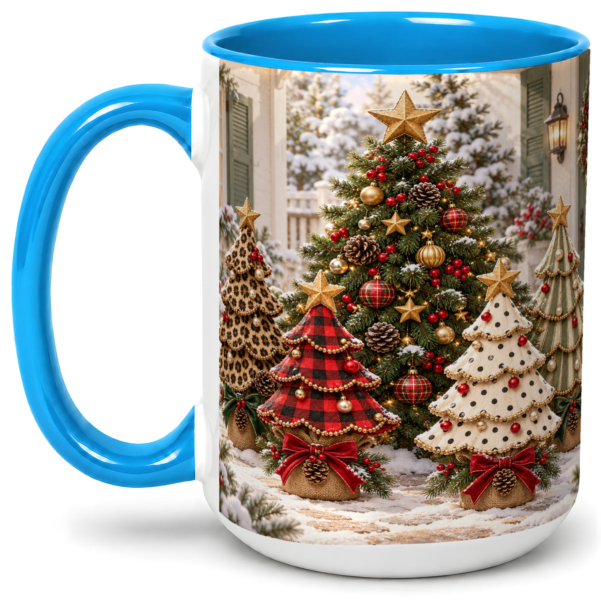 #pl[15oz|Blue] Leopard Print Christmas Trees Accent Mug, Ceramic Coffee Cup