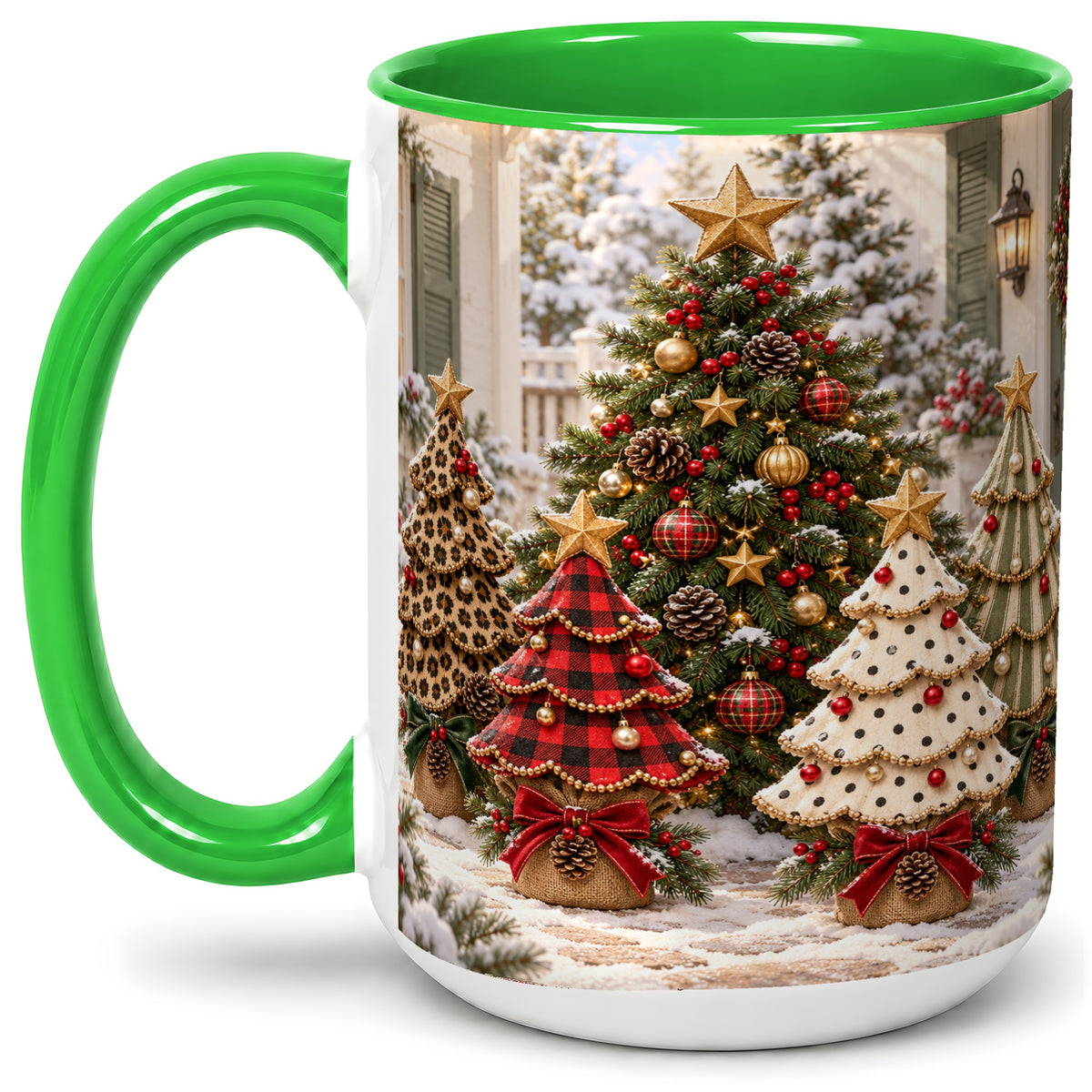 #pl[15oz|Green] Leopard Print Christmas Trees Accent Mug, Ceramic Coffee Cup