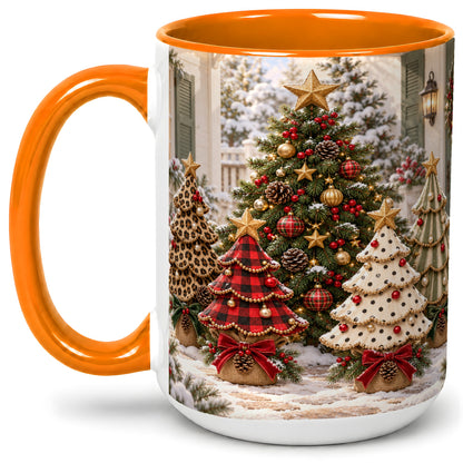 #pl[15oz|Orange] Leopard Print Christmas Trees Accent Mug, Ceramic Coffee Cup