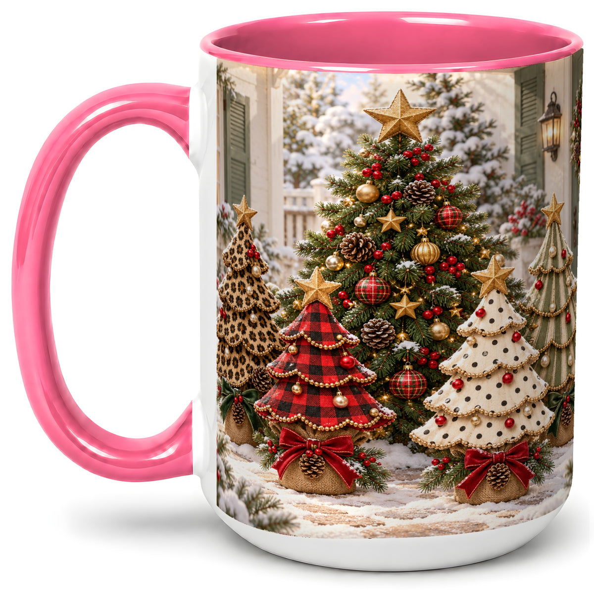 #pl[15oz|Pink] Leopard Print Christmas Trees Accent Mug, Ceramic Coffee Cup