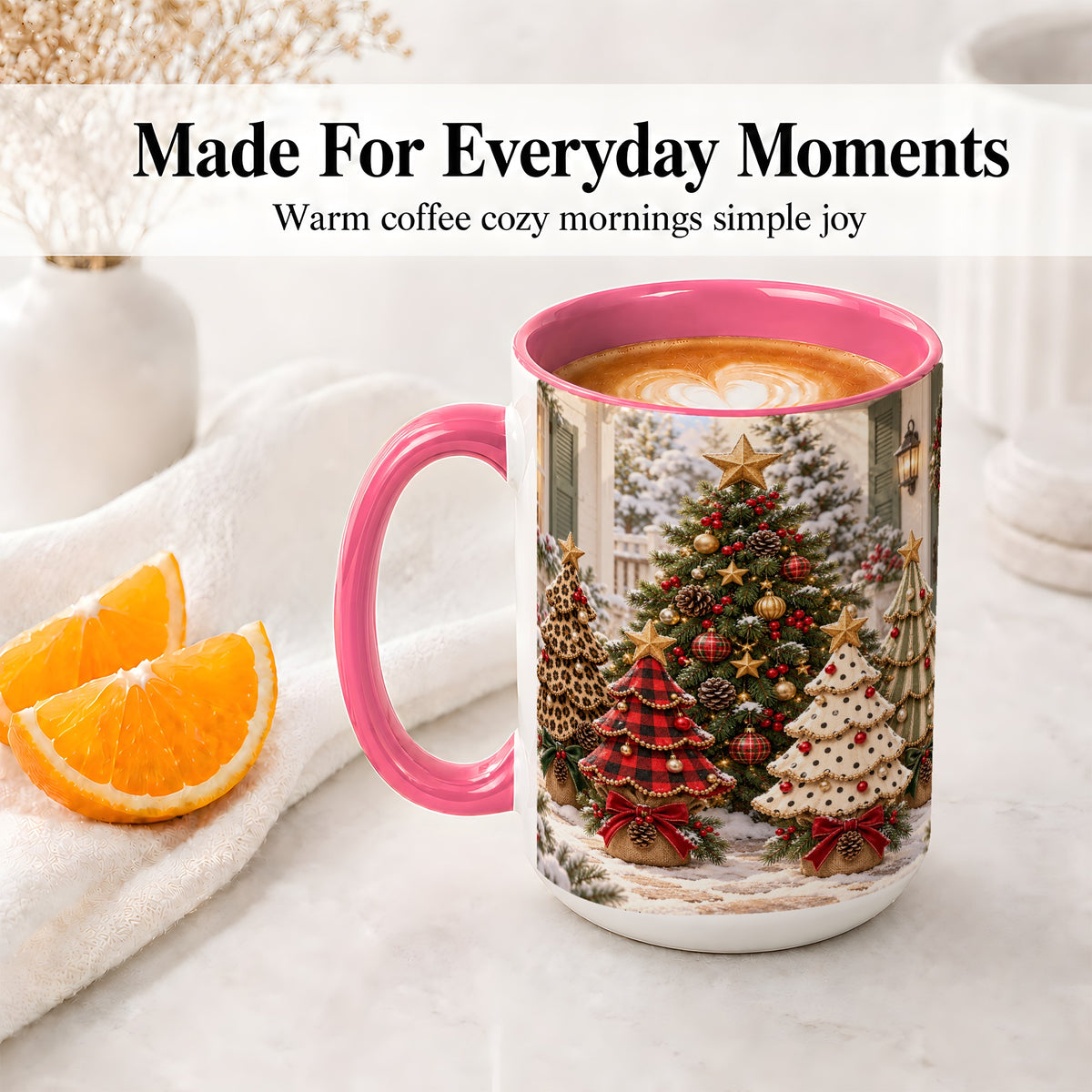 #pl[15oz|Pink] Leopard Print Christmas Trees Accent Mug, Ceramic Coffee Cup