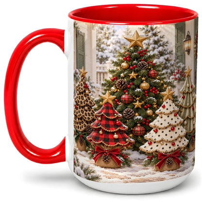 #pl[15oz|Red] Leopard Print Christmas Trees Accent Mug, Ceramic Coffee Cup