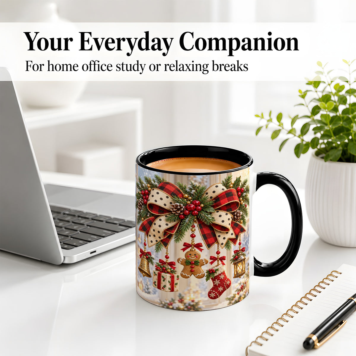 #pl[11oz|Black] Buffalo Plaid Christmas Bow Accent Mug, Ceramic Holiday Coffee Cup