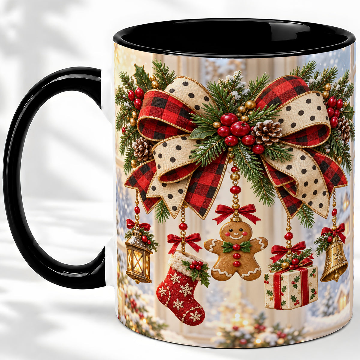 #pl[11oz|Black] Buffalo Plaid Christmas Bow Accent Mug, Ceramic Holiday Coffee Cup