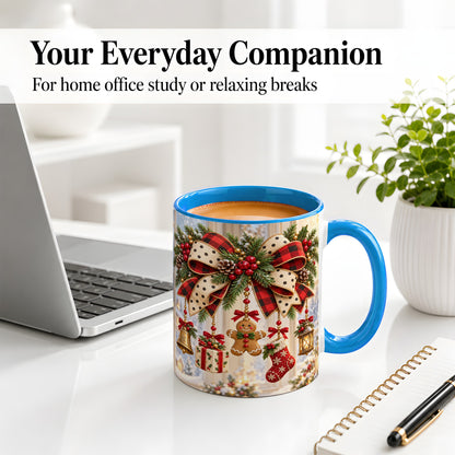 #pl[11oz|Blue] Buffalo Plaid Christmas Bow Accent Mug, Ceramic Holiday Coffee Cup