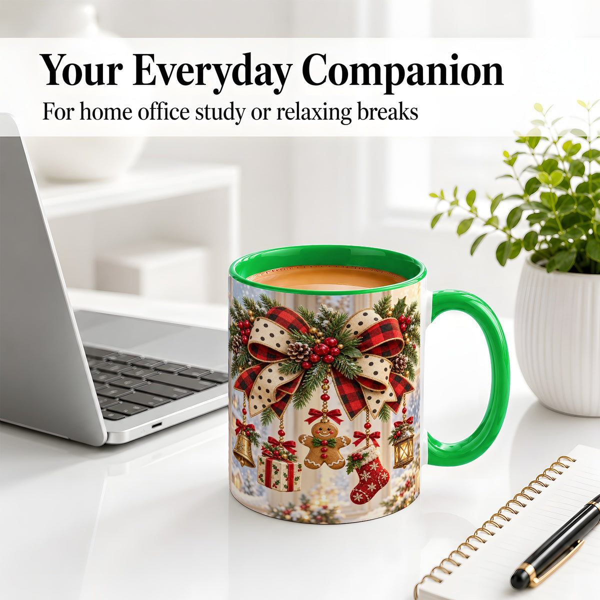 #pl[11oz|Green] Buffalo Plaid Christmas Bow Accent Mug, Ceramic Holiday Coffee Cup