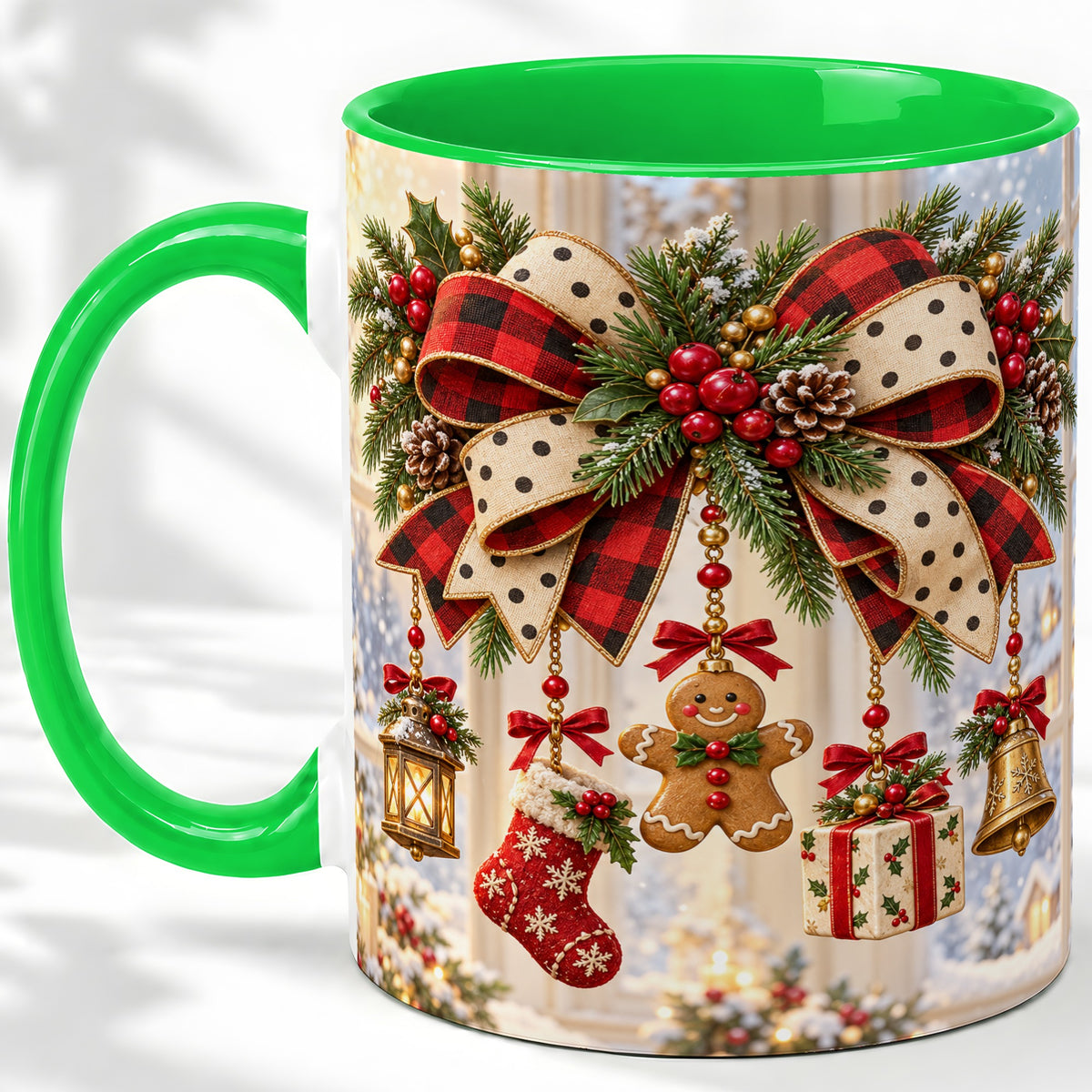 #pl[11oz|Green] Buffalo Plaid Christmas Bow Accent Mug, Ceramic Holiday Coffee Cup