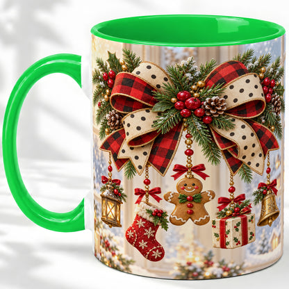 #pl[11oz|Green] Buffalo Plaid Christmas Bow Accent Mug, Ceramic Holiday Coffee Cup