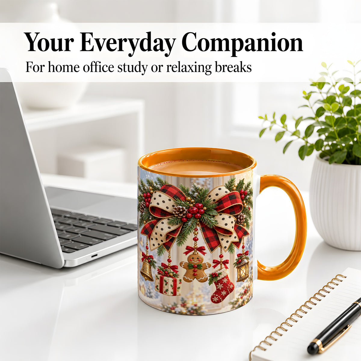 #pl[11oz|Orange] Buffalo Plaid Christmas Bow Accent Mug, Ceramic Holiday Coffee Cup