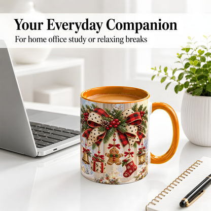 #pl[11oz|Orange] Buffalo Plaid Christmas Bow Accent Mug, Ceramic Holiday Coffee Cup