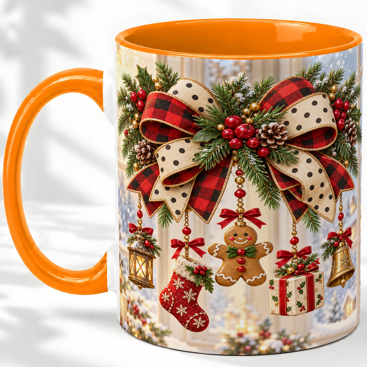 #pl[11oz|Orange] Buffalo Plaid Christmas Bow Accent Mug, Ceramic Holiday Coffee Cup