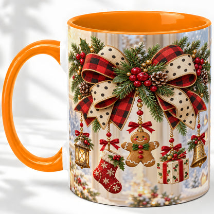 #pl[11oz|Orange] Buffalo Plaid Christmas Bow Accent Mug, Ceramic Holiday Coffee Cup