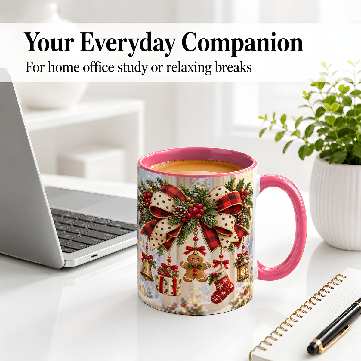 #pl[11oz|Pink] Buffalo Plaid Christmas Bow Accent Mug, Ceramic Holiday Coffee Cup