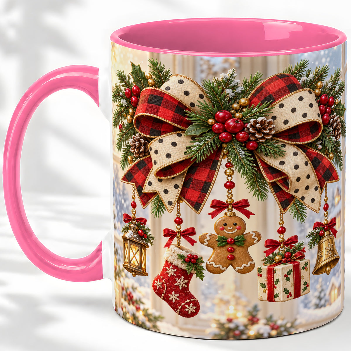 #pl[11oz|Pink] Buffalo Plaid Christmas Bow Accent Mug, Ceramic Holiday Coffee Cup