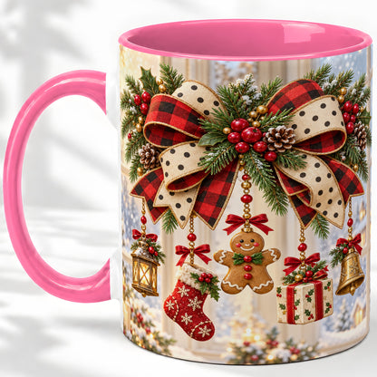 #pl[11oz|Pink] Buffalo Plaid Christmas Bow Accent Mug, Ceramic Holiday Coffee Cup