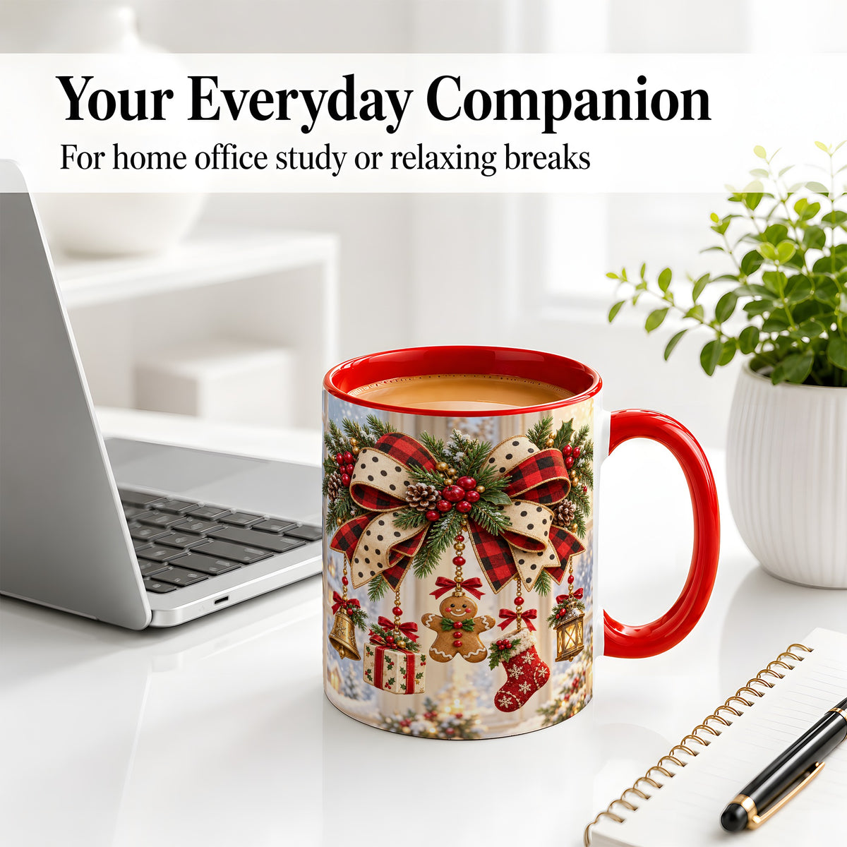 #pl[11oz|Red] Buffalo Plaid Christmas Bow Accent Mug, Ceramic Holiday Coffee Cup