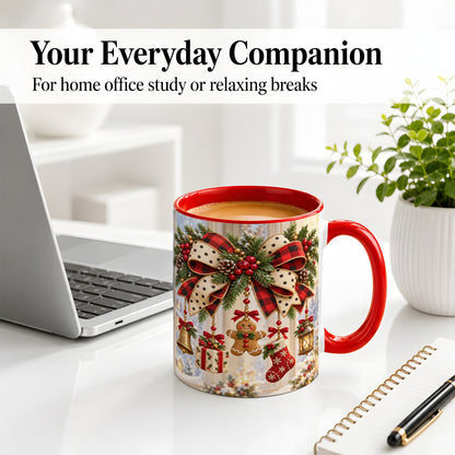 #pl[11oz|Red] Buffalo Plaid Christmas Bow Accent Mug, Ceramic Holiday Coffee Cup