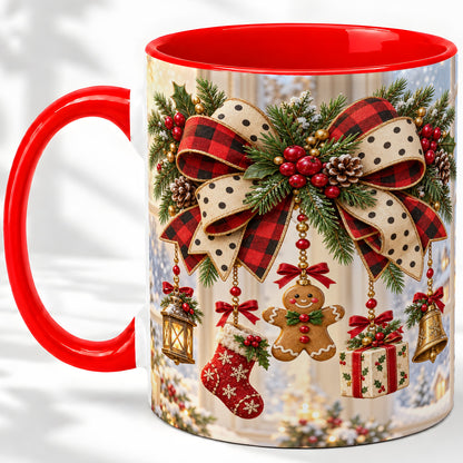 Buffalo Plaid Christmas Bow Accent Mug, Ceramic Holiday Coffee Cup