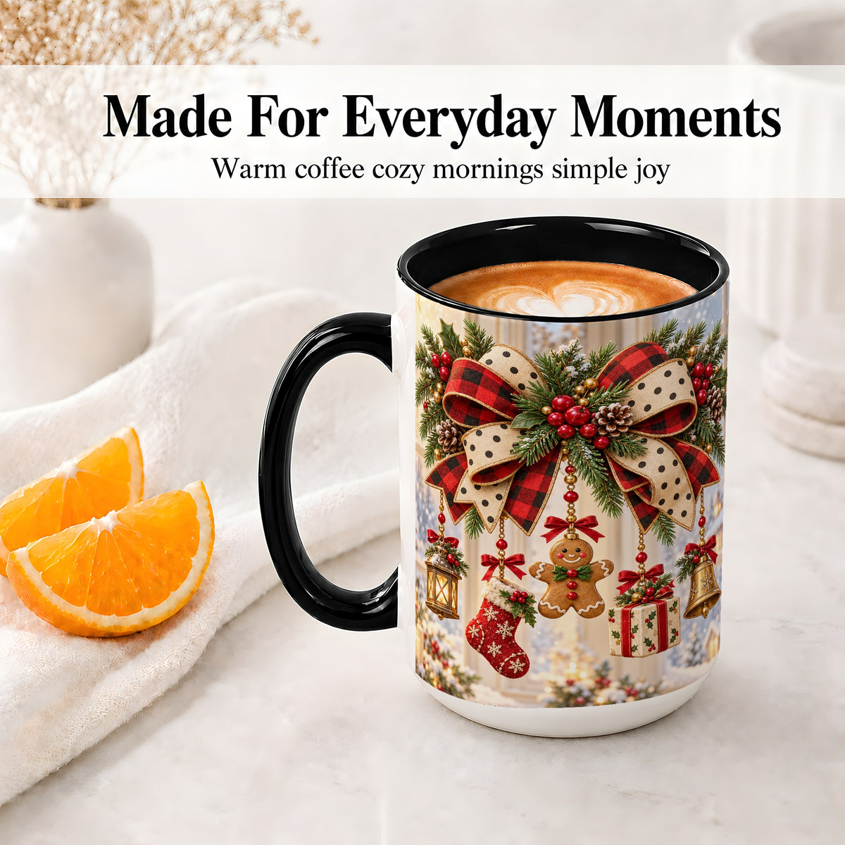 #pl[15oz|Black] Buffalo Plaid Christmas Bow Accent Mug, Ceramic Holiday Coffee Cup