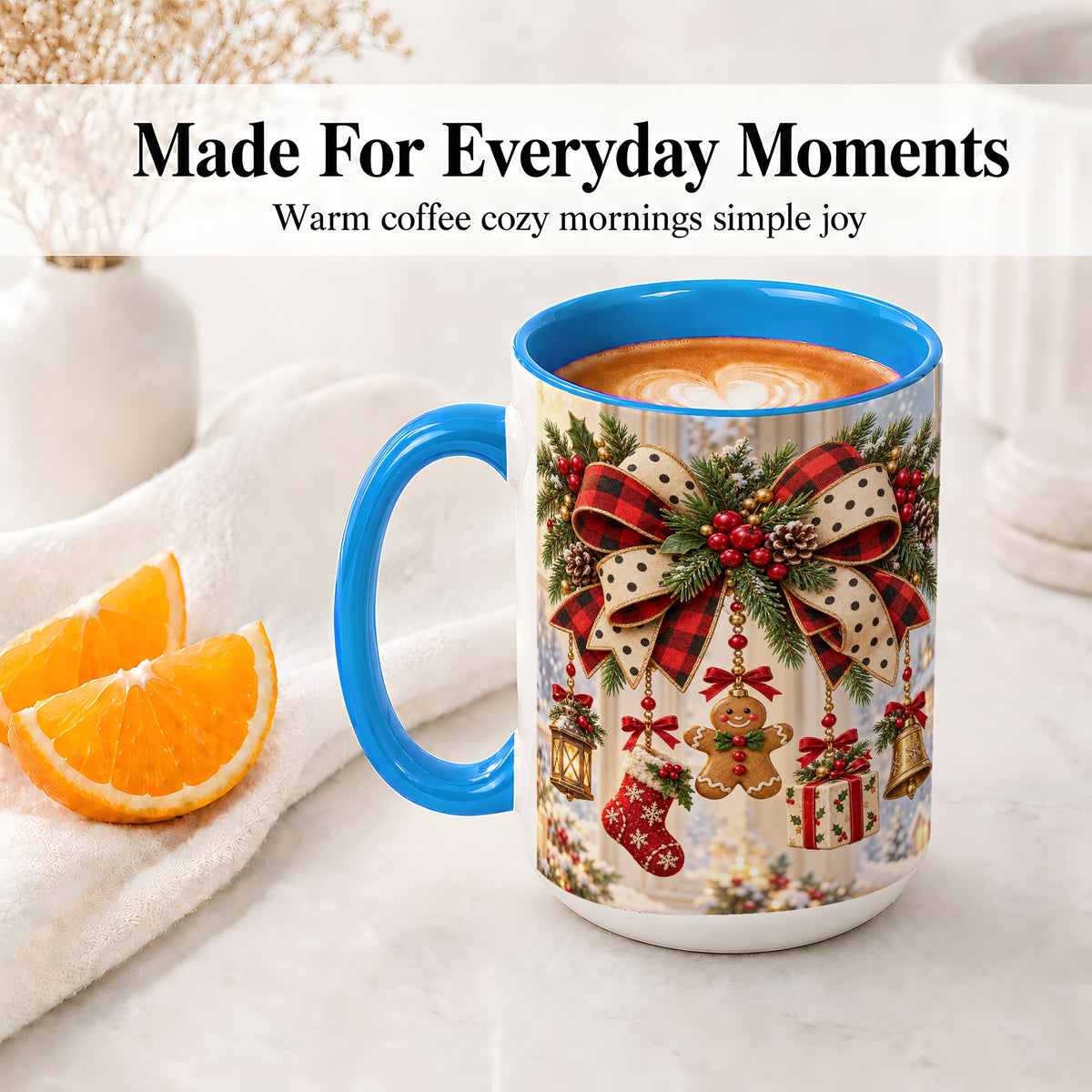 #pl[15oz|Blue] Buffalo Plaid Christmas Bow Accent Mug, Ceramic Holiday Coffee Cup