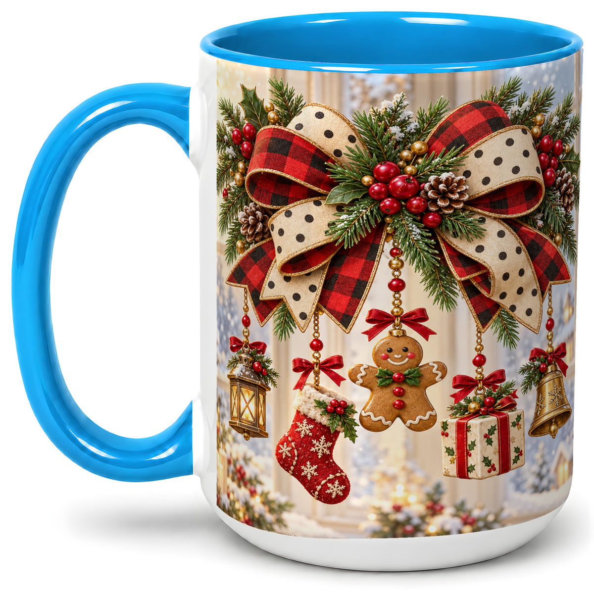 #pl[15oz|Blue] Buffalo Plaid Christmas Bow Accent Mug, Ceramic Holiday Coffee Cup