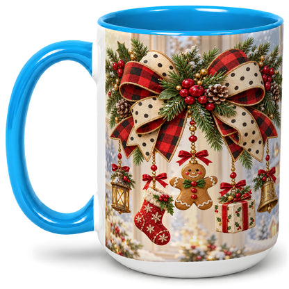 #pl[15oz|Blue] Buffalo Plaid Christmas Bow Accent Mug, Ceramic Holiday Coffee Cup