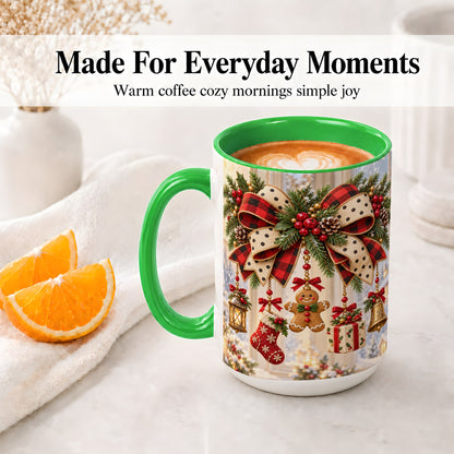 #pl[15oz|Green] Buffalo Plaid Christmas Bow Accent Mug, Ceramic Holiday Coffee Cup